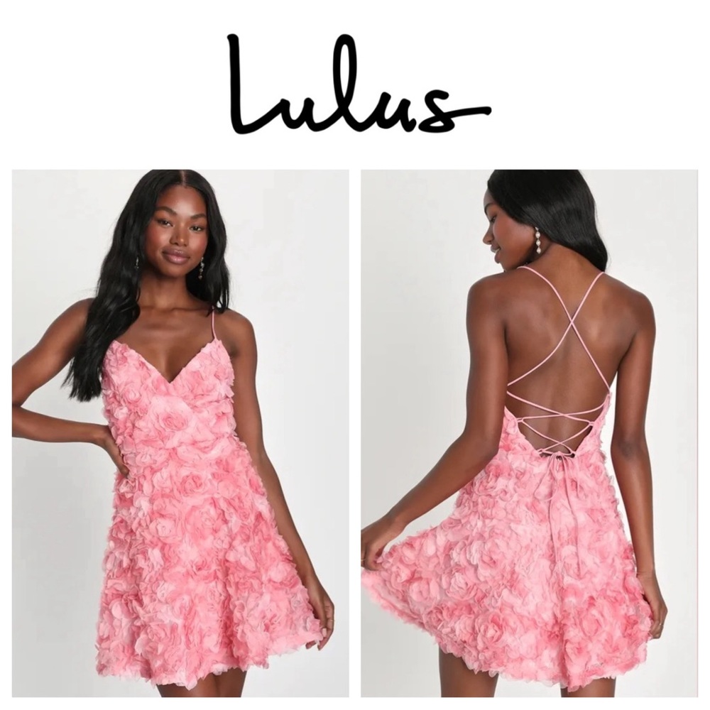 Lulu’s Perfectly Adored Pink 3D Floral Applique Lace-Up Mini Dress Sz: XS